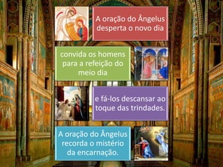 A oração do Ângelus 
desperta o novo dia 
convida os homens 
para a refeição do 
meio dia 
e fá-los descansar ao 
toque das trindades. 
A oração do Ângelus 
recorda o mistério 
da encarnação. 
 
