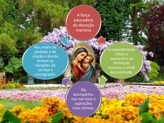 A força 
educadora 
da devoção 
mariana 
é especialmente 
eficaz e 
necessária na 
formação 
humana e cristã 
da juventude. 
Ela 
acompanha-nos 
nas lutas e 
aspirações 
mais íntimas. 
Nos níveis de 
piedade e de 
oração é donde 
brotam as 
vocações de 
serviço e 
consagração. 
 