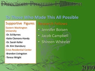 To Those Who Made This All Possible<br />Research Fellows<br />Jennifer Boisen<br />Jacob Campbell<br />Shireen Wheeler<br...