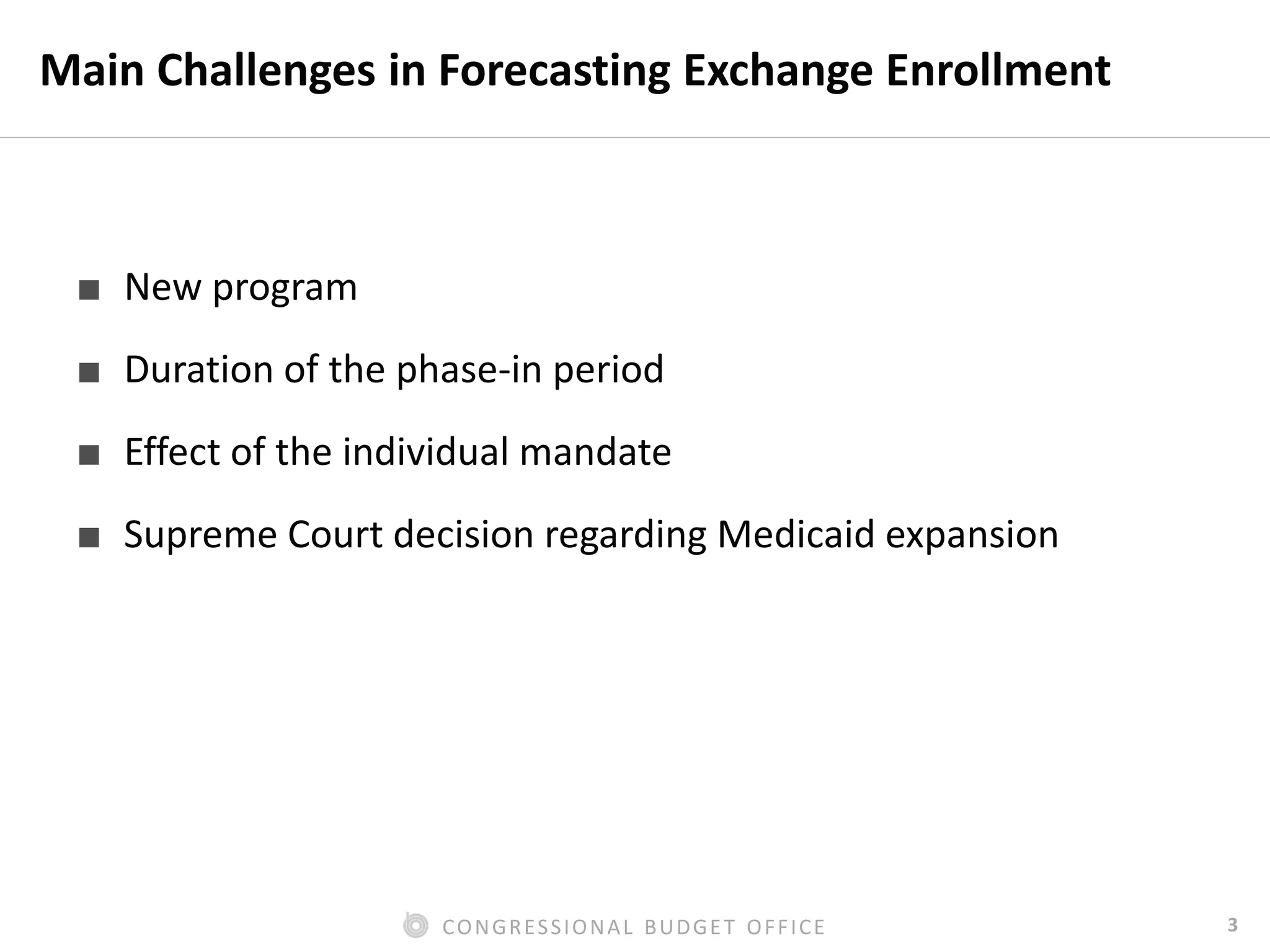 3CONGRESSIONAL BUDGET OFFICE
Main Challenges in Forecasting Exchange Enrollment
■ New program
■ Duration of the phase-in period
■ Effect of the individual mandate
■ Supreme Court decision regarding Medicaid expansion
 