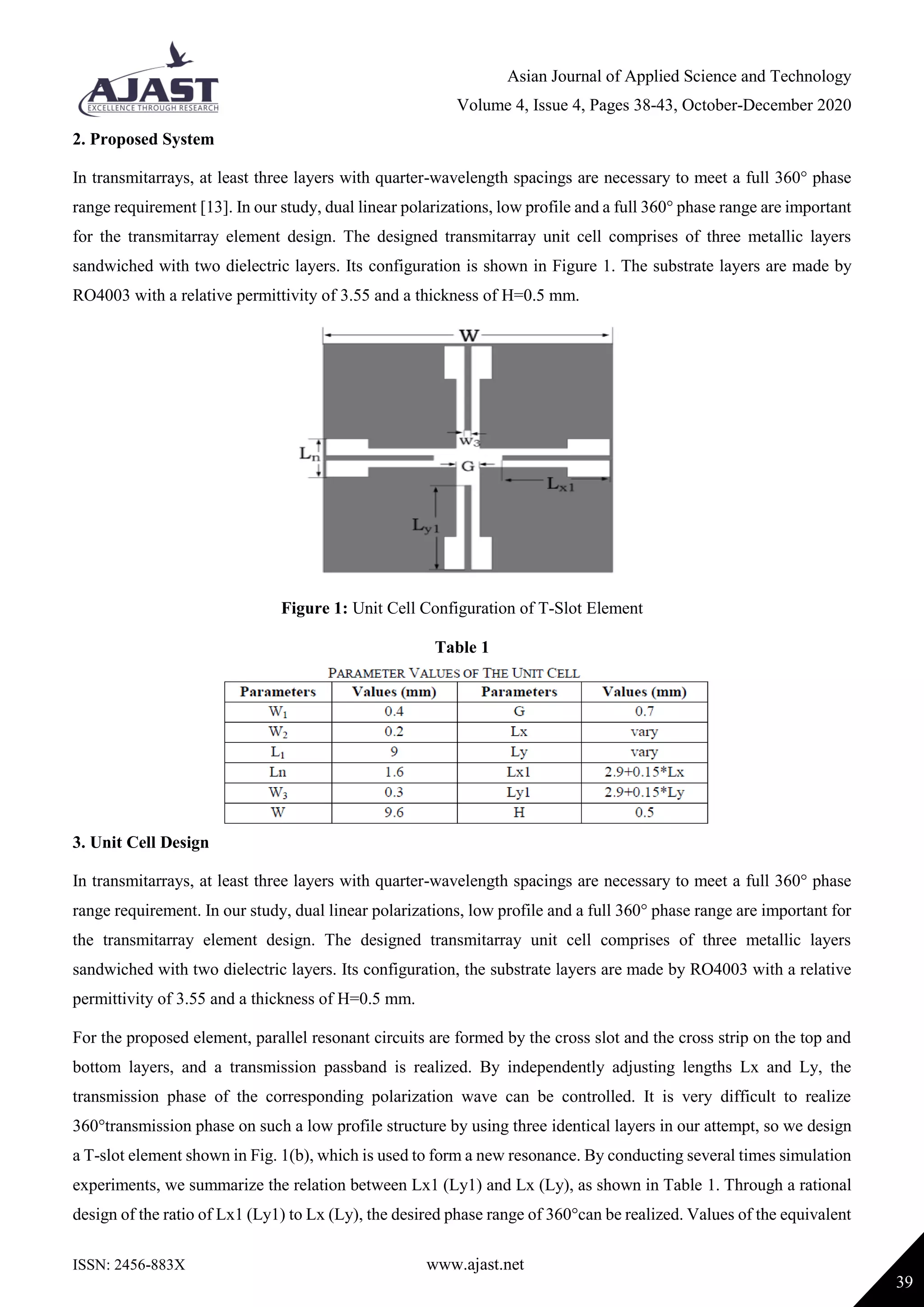 Asian Journal of Applied Science and Technology
Volume 4, Issue 4, Pages 38-43, October-December 2020
ISSN: 2456-883X www.ajast.net
39
2. Proposed System
In transmitarrays, at least three layers with quarter-wavelength spacings are necessary to meet a full 360° phase
range requirement [13]. In our study, dual linear polarizations, low profile and a full 360° phase range are important
for the transmitarray element design. The designed transmitarray unit cell comprises of three metallic layers
sandwiched with two dielectric layers. Its configuration is shown in Figure 1. The substrate layers are made by
RO4003 with a relative permittivity of 3.55 and a thickness of H=0.5 mm.
Figure 1: Unit Cell Configuration of T-Slot Element
Table 1
3. Unit Cell Design
In transmitarrays, at least three layers with quarter-wavelength spacings are necessary to meet a full 360° phase
range requirement. In our study, dual linear polarizations, low profile and a full 360° phase range are important for
the transmitarray element design. The designed transmitarray unit cell comprises of three metallic layers
sandwiched with two dielectric layers. Its configuration, the substrate layers are made by RO4003 with a relative
permittivity of 3.55 and a thickness of H=0.5 mm.
For the proposed element, parallel resonant circuits are formed by the cross slot and the cross strip on the top and
bottom layers, and a transmission passband is realized. By independently adjusting lengths Lx and Ly, the
transmission phase of the corresponding polarization wave can be controlled. It is very difficult to realize
360°transmission phase on such a low profile structure by using three identical layers in our attempt, so we design
a T-slot element shown in Fig. 1(b), which is used to form a new resonance. By conducting several times simulation
experiments, we summarize the relation between Lx1 (Ly1) and Lx (Ly), as shown in Table 1. Through a rational
design of the ratio of Lx1 (Ly1) to Lx (Ly), the desired phase range of 360°can be realized. Values of the equivalent
 