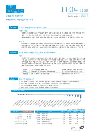 ETF
투자포커스

11.04~ 11.08

고객상품본부 투자컨설팅부

Daishin Weekly +

2013

최재식(☎769-3161), 최진(☎769-3353)

Re-view

미 조기 출구전략 우려로 숨고르기 전개
지난주 특징
∙ 국내주식: 경기모멘텀에도 불구 FOMC의 매파적 성명서로 인해 혼조세. 미 초대쇼핑 시즌 수혜인 IT(반도체) 두각
∙ 해외지수: 중국 증시는 직전주 급락에 따른 가격부담 완화와 PMII 지표 개선 영향으로 반등
∙ 채권&상품&통화: 그동안 약세를 보이던 글로벌 달러가 상승하면서 상품(귀금속, 곡물, 원유)은 전반적으로 약세
시사점
미 10월 FOMC 성명서는 9월 성명서에 있었던 긴축적인 금융시장환경(모기지, 국채금리 상승)에 대해 염려하는 내
용이 쏙 빠졌음. 또한 9~10월 미 정치권 싸움의 경제 후폭풍 언급이 없었음. 오히려 미국 경제는 완만하게 확장 중
이라 했음. 성명서 내용만 보면 FRB가 그 이전의 자세와 다른 스탠스를 가져가는 것이 아닌가하는 의구심이 듬

Pre-view

박스권 순환매 대응(경기민감업종과 중소형주 순환매)
이슈
지난주의 특징적 흐름이 이어질 가능성이 크다고 판단됨. 선전하고 있는 G2의 PMI 지표 모멘텀과 우리나라 10월
수출 월간 첫 500억 달러 돌파 등은 경기민감주의 저가매수를 유인할 전망. 그러나 그동안 쉼없이 주가가 오르면
서 차익실현 부담이 커졌고 미국의 조기 출구전략 우려가 생겨 그 핑계로 제한된 박스권 등락과정이 예상됨. 따라
서 지난주 상대적으로 조정을 받았던 경기민감업종(조선, 화학, 건설)의 순환매와 외국인의 집중 매수기간에 소외
됐던 중소형주(IT부품주 등)의 순환매에 관심 둘 필요
국내주식
해외지수
채권&상품

Weekly

중기 경제펀더멘털 개선에 관심
중국의 유동성 축소 우려 대 중기 글로벌 경제모멘텀
자산 포트폴리오 조정, 약한 성장 전개

경기개선 수혜자산이 약세일 때 저가 매수
미 주가지수의 중기 저점매수 위주 대응
채권 인버스 ETF는 저가매수로 대응

Best ETF & Worst ETF
☞ 주간 수익률 순으로 종류별 ETF 의 상위 3 위와 하위 3 위의 수익률 및 거래대금을 표시하였습니다.(자료: Quantiwise)
☞ 유동성 위험 요건을 감안해 주간 및 월간 일평균 거래대금이 5 백만원 이하인 ETF 는 생략하였습니다.
☞ 대신 U-Cybos #7241 화면에서 기초지수와 구성종목을 확인할 수 있습니다.
☞ 아래의 ETF 는 추천 개념이 아니며, 투자참고용 자료로만 활용하기 바랍니다.

국내 ETF 주간 수익률
4
2
0
-2
-4
-6
-8

(단위: %, 거래대금은 일평균 기준 백만원)

국내 지수

주간수익률 상하위

코드

기초지수

수익률(1M)

수익률(3M)

거래대금(1W)

거래대금(1M)

A159800

코스피 100

2.44

8.11

38

38

A152100

코스피 200

2.84

8.14

449

1,380

A122090

코스피 50

2.52

9.94

6

306

KStar 코스닥엘리트30 -0.48

A108480

MF 코스닥 엘리트30

0.00

-3.52

13

27

아리랑 KRX100EW -0.49

A141250

KRX 100 동일가중

2.57

3.90

19

19

아리랑 K100EW -0.58

A141240

코스피 100 동일가중

2.04

4.86

1,530

367

마이티 K100

0.69

아리랑 200

0.60

아리랑 KOSPI50

0.57

 