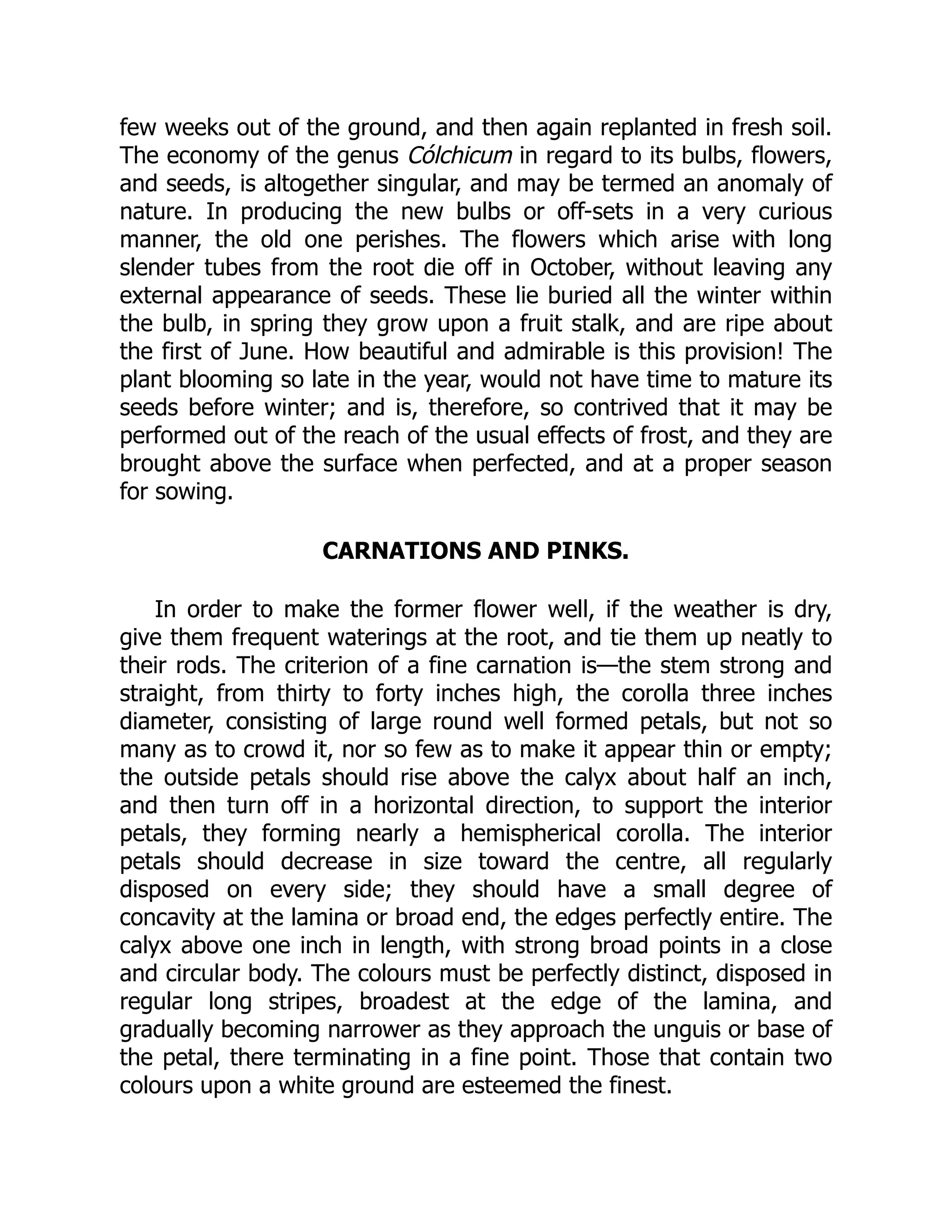 few weeks out of the ground, and then again replanted in fresh soil.
The economy of the genus Cólchicum in regard to its bulbs, flowers,
and seeds, is altogether singular, and may be termed an anomaly of
nature. In producing the new bulbs or off-sets in a very curious
manner, the old one perishes. The flowers which arise with long
slender tubes from the root die off in October, without leaving any
external appearance of seeds. These lie buried all the winter within
the bulb, in spring they grow upon a fruit stalk, and are ripe about
the first of June. How beautiful and admirable is this provision! The
plant blooming so late in the year, would not have time to mature its
seeds before winter; and is, therefore, so contrived that it may be
performed out of the reach of the usual effects of frost, and they are
brought above the surface when perfected, and at a proper season
for sowing.
CARNATIONS AND PINKS.
In order to make the former flower well, if the weather is dry,
give them frequent waterings at the root, and tie them up neatly to
their rods. The criterion of a fine carnation is—the stem strong and
straight, from thirty to forty inches high, the corolla three inches
diameter, consisting of large round well formed petals, but not so
many as to crowd it, nor so few as to make it appear thin or empty;
the outside petals should rise above the calyx about half an inch,
and then turn off in a horizontal direction, to support the interior
petals, they forming nearly a hemispherical corolla. The interior
petals should decrease in size toward the centre, all regularly
disposed on every side; they should have a small degree of
concavity at the lamina or broad end, the edges perfectly entire. The
calyx above one inch in length, with strong broad points in a close
and circular body. The colours must be perfectly distinct, disposed in
regular long stripes, broadest at the edge of the lamina, and
gradually becoming narrower as they approach the unguis or base of
the petal, there terminating in a fine point. Those that contain two
colours upon a white ground are esteemed the finest.
 