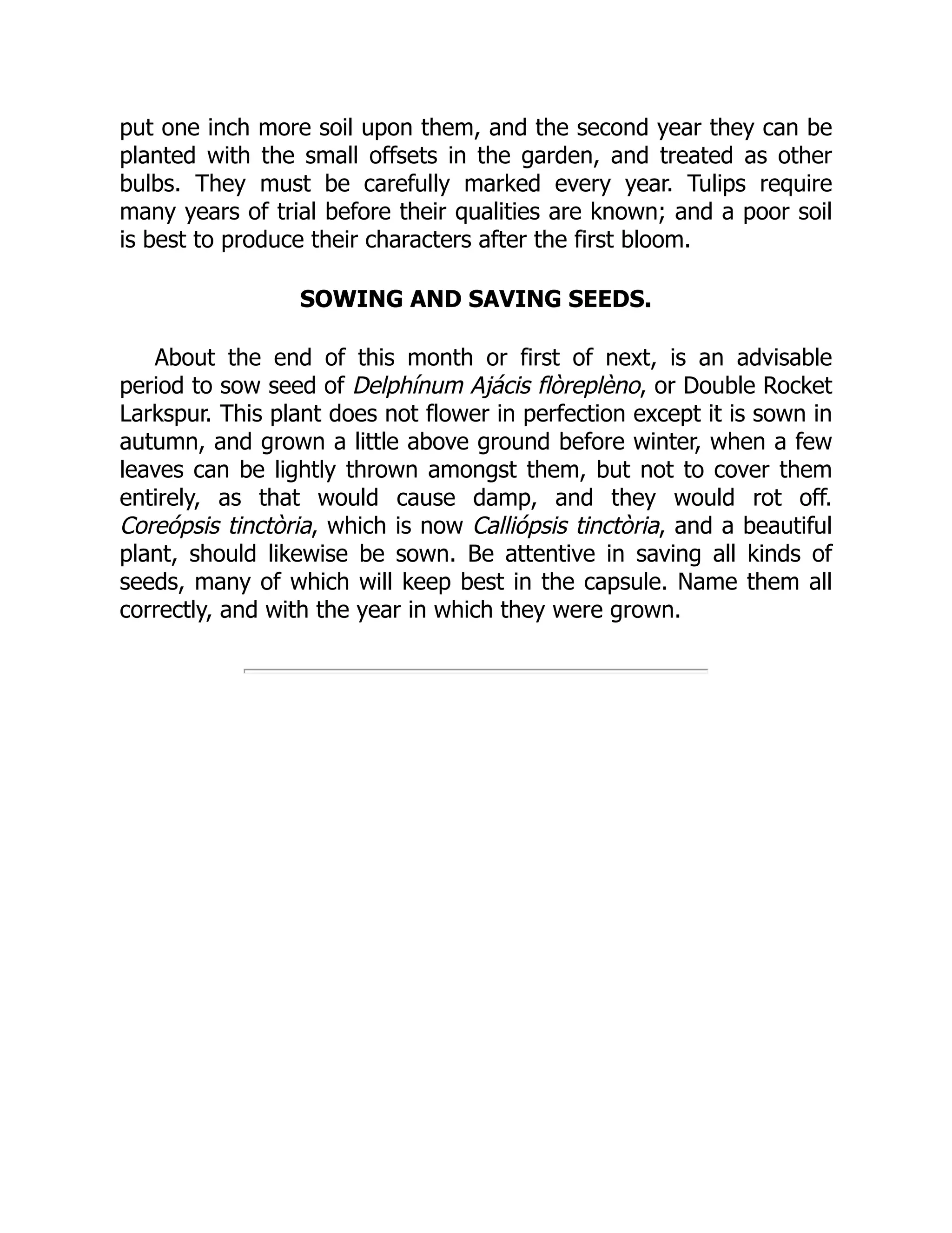 put one inch more soil upon them, and the second year they can be
planted with the small offsets in the garden, and treated as other
bulbs. They must be carefully marked every year. Tulips require
many years of trial before their qualities are known; and a poor soil
is best to produce their characters after the first bloom.
SOWING AND SAVING SEEDS.
About the end of this month or first of next, is an advisable
period to sow seed of Delphínum Ajácis flòreplèno, or Double Rocket
Larkspur. This plant does not flower in perfection except it is sown in
autumn, and grown a little above ground before winter, when a few
leaves can be lightly thrown amongst them, but not to cover them
entirely, as that would cause damp, and they would rot off.
Coreópsis tinctòria, which is now Calliópsis tinctòria, and a beautiful
plant, should likewise be sown. Be attentive in saving all kinds of
seeds, many of which will keep best in the capsule. Name them all
correctly, and with the year in which they were grown.
 