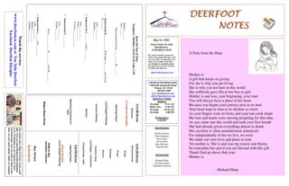 DEERFOOTDEERFOOTDEERFOOTDEERFOOT
NOTESNOTESNOTESNOTES
May 10, 2020
WELCOME TO THE
DEERFOOT
CONGREGATION
We want to extend a warm wel-
come to any guests that have come
our way today. We hope that you
enjoy our worship. If you have
any thoughts or questions about
any part of our services, feel free
to contact the elders at:
elders@deerfootcoc.com
CHURCH INFORMATION
5348 Old Springville Road
Pinson, AL 35126
205-833-1400
www.deerfootcoc.com
office@deerfootcoc.com
SERVICE TIMES
Sundays:
Worship 8:15 AM
Bible Class 9:30 AM
Worship 10:30 AM
Worship 5:00 PM
Wednesdays:
6:30 PM
SHEPHERDS
Michael Dykes
John Gallagher
Rick Glass
Sol Godwin
Skip McCurry
Darnell Self
MINISTERS
Richard Harp
Tim Shoemaker
Johnathan Johnson
JesustheSonofMary
Scripture:Matthew14:32-33&Luke1:35
Matthew___:___
Luke___:___
WhenIntroducedtoM____________M_______:
1.EmbracedtheR_____________WithOpenA_______andClosed
H________
Luke___:___-___
Matthew___:___
2.EmbracedtheF________oftheL_________.
Luke___:___-___
Psalm____:___-___
Proverbs___:___-___
3.EmbracedtheP___________
Luke___:___-___
Exodus___:___-___
ThisC_____________H__________UntilM________:
4.EmbracedtheS______ofG__________
Luke___:___-___
Matthew___:___-___
Galatians___:___-___
10:30AMService
Announcements
Songs
Prayer
Scripture
Sermon
InvitationSong
LordSupper/Contribution
ClosingPrayer–Elder
————————————————————
5:00PMService
OpeningPrayer
OnlineServices
Lord’sSupper/Offering
DOMforMay
JohnathanJohnson
BusDrivers
NoBusService
Watchtheservices
www.deerfootcoc.comorYouTubeDeerfoot
FacebookDeerfootDisciples
8:15AMService
Welcome
8:15ServiceCancelled
OpeningPrayer
LordSupper/Offering
ScriptureReading
Sermon
BaptismalGarmentsfor
April
EldersDownFront
A Note from the Harp
Mother is
A gift that keeps on giving
For she is why you are living
She is why you are here in this world
She selflessly gave life to her boy or girl.
Mother is and was, your beginning, your start
You will always have a place in her heart
Because you began your journey next to its beat
Your heart kept in time to its rhythm so sweet
As your fingers took on form, and your toes took shape
Her feet and hands were moving preparing for that date.
As you came into this world and took your first breath
She had already given everything almost to death
Her sacrifice is often unmentioned, unnoticed
For independently of her we live, we exist
We make our own lives and plans in time
Yet mother is. She is and was my reason and rhyme.
So remember her and if you are blessed with this gift
Thank God up above that your
Mother is.
- Richard Harp
Ourweeklyshow,Plant&Water,isnowavail-
able.YoucanwatchRichardandJohnathan
everyWednesdayonourChurchofChrist
Facebookpage.Youcanwatchorlistentothe
showonyoursmartphone,tablet,orcomputer.
 