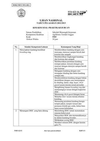 DOKUMEN NEGARA




                              UJIAN NASIONAL
                           TAHUN PELAJARAN 2012/2013

                       KISI-KISI SOAL PRAKTIK KEJURUAN

               Satuan Pendidikan          :     Sekolah Menengah Kejuruan
               Kompetensi Keahlian        :     Agribisnis Ternak Unggas
               Kode                       :     5103
               Alokasi Waktu              :     24 jam


 No.          Standar Kompetensi Lulusan                        Kemampuan Yang Diuji
  1.   Menyiapkan kandang/membuat                   Membersihkan kandang dengan cara
       brooding ring                                menyapu, mencuci sampai bersih dari
                                                    kotoran dan sampah
                                                    Membersihkan lingkungan kandang
                                                    dari kotoran dan sampah
                                                    Membersihkan peralatan kandang
                                                    (tempat pakan, minum) dengan cara
                                                    mencuci dengan deterjen sampai bersih
                                                    dari kotoran
                                                    Mengapur kandang dengan cara
                                                    mengapur dinding dan lantai kandang
                                                    sampai rata
                                                    Mendesinfektan kandang dengan bahan
                                                    desinfektan dengan cara menyemprot
                                                    ke dinding, lantai, atap, layar, chick
                                                    quard secara merata sesuai prosedur
                                                    Menghitung luasan brooding ring dan
                                                    memasangnya sesuai dengan kapasitas
                                                    DOC
                                                    Memasang chick quard dengan benar
                                                    Menebar litter secara merata dilantai
                                                    kandang.
                                                    Memasang peralatan kandang berupa
                                                    tempat pakan, tempat minum dan
                                                    pemanas (listrik/gas solek, briket batu
                                                    bara) sesuai kebutuhan.
  2    Menangani DOC yang baru datang               Menimbang DOC untuk menentukan
                                                    ratarata bobot awal
                                                    Menyeleksi DOC dan memasukkannya
                                                    ke dalam kandang brooder.
                                                    Melakukan sexing DOC
                                                    Memberi minum DOC dengan larutan
                                                    gula 2%

 5103-12/13                          Hak Cipta pada Kemdikbud                     KSP-1/1
 