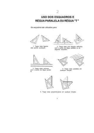 USO DOS ESQUADROS E
       RÉGUA PARALELA OU RÉGUA "T "

Os esquadros são utilizados para:




    1. Traçar retas ligando           2. Traçar retas com ângulos definidos,
dois ppntos quaisquer.             com o auxílio da régua paralela ou do
                                   segundo esquadro.




    3, Traçar retas verticais                 4. Traçar retas paralelas em
com o auxílio da régua parale-             qualquer direção.
la.




               5. Traçar retas perpendiculares em qualquer direção.



                                       7
 
