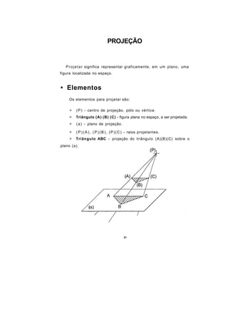 PROJEÇÃO


   P r o j e t a r significa representar graficamente, em um plano, uma
figura localizada no espaço.



• Elementos
    Os elementos para projetar são:

     >   ( P ) - centro de projeção, pólo ou vértice.
    >    Triângulo (A) (B) (C) - figura plana no espaço, a ser projetada.
     >   ( a ) - plano de projeção.

    >    ( P ) ( A ) , ( P ) ( B ) , ( P ) ( C ) - raios projetantes.
     >   Triângulo ABC - projeção do triângulo (A)(B)(C) sobre o
plano (a).




                                           21
 