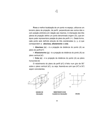 Para a melhor localização de um ponto no espaço, utiliza-se um
terceiro plano de projeção, de perfil, perpendicular aos outros dois e
com posição arbitrária em relação aos mesmos. A interseção dos três
planos de projeção define um ponto denominado origem (O), que em
épura pode representara posição do plano de perfil (TI"). Desta forma,
cada ponto será definido através de três coordenadas (x, y, z) que
correspondem a: abscissa, afastamento e cota.
     > Abscissa (x) - é a projeção da distância do ponto (A) ao
plano de perfil
     > Afastamento (y) - é a projeção da distância do ponto (A) ao
plano vertical
     > Cota (z) - é a projeção da distância do ponto (A) ao plano
horizontal
     O rebatimento do plano de perfil        é feito num giro de 90°
sobre o plano vertical     , ou seja, fazendo-se com que        e
sejam coincidentes.




                                  25
 
