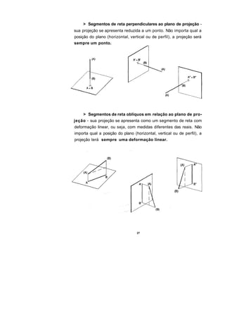 > Segmentos de reta perpendiculares ao plano de projeção -
sua projeção se apresenta reduzida a um ponto. Não importa qual a
posição do plano (horizontal, vertical ou de perfil), a projeção será
sempre um ponto.




    > Segmentos de reta oblíquos em relação ao plano de pro-
jeção - sua projeção se apresenta como um segmento de reta com
deformação linear, ou seja, com medidas diferentes das reais. Não
importa qual a posição do plano (horizontal, vertical ou de perfil), a
projeção terá sempre uma deformação linear.




                                  27
 