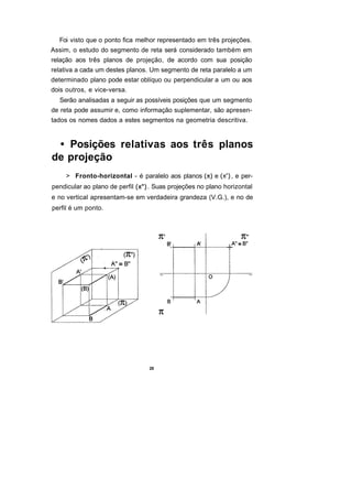 Foi visto que o ponto fica melhor representado em três projeções.
Assim, o estudo do segmento de reta será considerado também em
relação aos três planos de projeção, de acordo com sua posição
relativa a cada um destes planos. Um segmento de reta paralelo a um
determinado plano pode estar oblíquo ou perpendicular a um ou aos
dois outros, e vice-versa.
  Serão analisadas a seguir as possíveis posições que um segmento
de reta pode assumir e, como informação suplementar, são apresen-
tados os nomes dados a estes segmentos na geometria descritiva.


 • Posições relativas aos três planos
de projeção
     > Fronto-horizontal - é paralelo aos planos       e    , e per-
pendicular ao plano de perfil   . Suas projeções no plano horizontal
e no vertical apresentam-se em verdadeira grandeza (V.G.), e no de
perfil é um ponto.




                                28
 