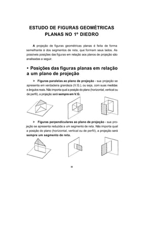 ESTUDO DE FIGURAS GEOMÉTRICAS
       PLANAS NO 1º DIEDRO

     A projeção de figuras geométricas planas é feita de forma
semelhante à dos segmentos de reta, que formam seus lados. As
possíveis posições das figuras em relação aos planos de projeção são
analisadas a seguir.


• Posições das figuras planas em relação
a um plano de projeção
     > Figuras paralelas ao plano de projeção - sua projeção se
apresenta em verdadeira grandeza (V.G.), ou seja, com suas medidas
e ângulos reais. Não importa qual a posição do plano (horizontal, vertical ou
de perfil), a projeção será sempre em V.G.




     > Figuras perpendiculares ao plano de projeção - sua pro-
jeção se apresenta reduzida a um segmento de reta. Não importa qual
a posição do plano (horizontal, vertical ou de perfil), a projeção será
sempre um segmento de reta.




                                     32
 