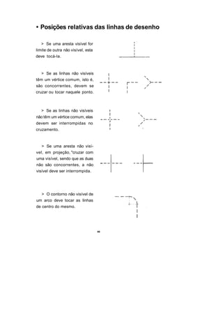 • Posições relativas das linhas de desenho

   > Se uma aresta visível for
limite de outra não visível, esta
deve tocá-la.



   > Se as linhas não visíveis
têm um vértice comum, isto é,
são concorrentes, devem se
cruzar ou tocar naquele ponto.



   > Se as linhas não visíveis
não têm um vértice comum, elas
devem ser interrompidas no
cruzamento.



   > Se uma aresta não visí-
vel, em projeção, "cruzar com
uma visível, sendo que as duas
não são concorrentes, a não
visível deve ser interrompida.




   > O contorno não visível de
um arco deve tocar as linhas
de centro do mesmo.




                                    44
 