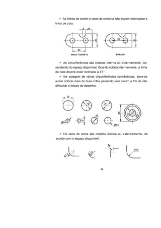 > As linhas de centro e eixos de simetria não devem interceptar a
linha de cota.
                    ,5   10_




            MODO CORRETO                    ERRADO



   > As circunferências são cotadas interna oü externamente, de-
pendendo do espaço disponível. Quando cotada internamente, a linha
de cota deverá estar inclinada a 45°.
   > Na cotagem de várias circunferências concêntricas, deve-se
evitar colocar mais de duas cotas passando pelo centro a fim de não
dificultar a leitura do desenho.




   > Os raios de arcos são cotados interna ou externamente, de
acordo com o espaço disponível.




                                   55
 