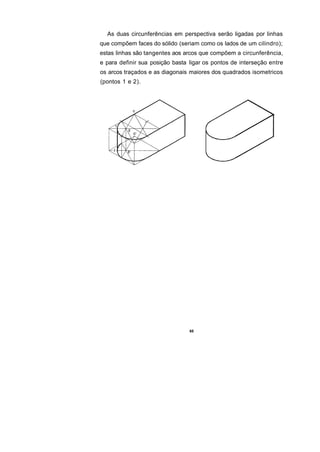 As duas circunferências em perspectiva serão ligadas por linhas
que compõem faces do sólido (seriam como os lados de um cilindro);
estas linhas são tangentes aos arcos que compõem a circunferência,
e para definir sua posição basta ligar os pontos de interseção entre
os arcos traçados e as diagonais maiores dos quadrados isometricos
(pontos 1 e 2).




                                 65
 