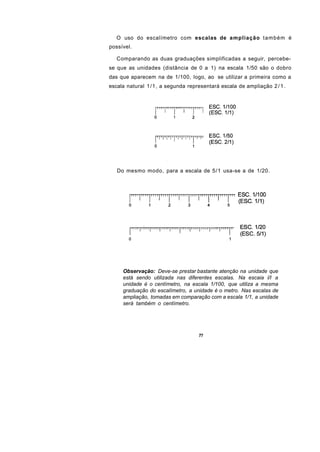 O uso do escalímetro com escalas de ampliação também é
possível.

   Comparando as duas graduações simplificadas a seguir, percebe-
se que as unidades (distância de 0 a 1) na escala 1/50 são o dobro
das que aparecem na de 1/100, logo, ao se utilizar a primeira como a
escala natural 1/1, a segunda representará escala de ampliação 2 / 1 .




   Do mesmo modo, para a escala de 5/1 usa-se a de 1/20.




     Observação: Deve-se prestar bastante atenção na unidade que
     está sendo utilizada nas diferentes escalas. Na escaia l/l a
     unidade é o centímetro, na escala 1/100, que utiliza a mesma
     graduação do escalímetro, a unidade é o metro. Nas escalas de
     ampliação, tomadas em comparação com a escala 1/1, a unidade
     será também o centímetro.




                                   77
 