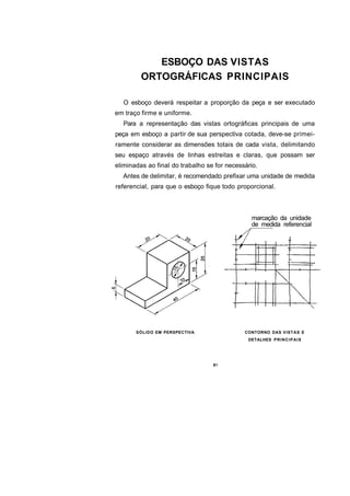 ESBOÇO DAS VISTAS
         ORTOGRÁFICAS PRINCIPAIS

  O esboço deverá respeitar a proporção da peça e ser executado
em traço firme e uniforme.
  Para a representação das vistas ortográficas principais de uma
peça em esboço a partir de sua perspectiva cotada, deve-se primei-
ramente considerar as dimensões totais de cada vista, delimitando
seu espaço através de linhas estreitas e claras, que possam ser
eliminadas ao final do trabalho se for necessário.
  Antes de delimitar, é recomendado prefixar uma unidade de medida
referencial, para que o esboço fique todo proporcional.



                                                marcação da unidade
                                                de medida referencial




       SÓLIDO EM PERSPECTIVA                 CONTORNO DAS VISTAS E
                                              DETALHES P R I N C I P A I S
 