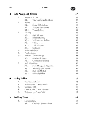 viii CONTENTS
3 Data Access and Records 37
3.1 Sequential Access 38
3.1.1 Tape-Searching Algorithms 38
3.2 Indexes 39
3.2.1 Single-Table Indexes 40
3.2.2 Multiple-Table Indexes 40
3.2.3 Type of Indexes 41
3.3 Hashing 41
3.3.1 Digit Selection 42
3.3.2 Division Hashing 42
3.3.3 Multiplication Hashing 42
3.3.4 Folding 42
3.3.5 Table Lookups 43
3.3.6 Collisions 43
3.4 Bit Vector Indexes 44
3.5 Parallel Access 44
3.6 Row and Column Storage 44
3.6.1 Row-Based Storage 44
3.6.2 Column-Based Storage 45
3.7 JOIN Algorithms 46
3.7.1 Nested-Loop Join Algorithm 47
3.7.2 Sort-Merge Join Method 47
3.7.3 Hash Join Method 48
3.7.4 Shin’s Algorithm 48
4 Lookup Tables 51
4.1 Data Element Names 52
4.2 Multiparameter Lookup Tables 55
4.3 Constants Table 56
4.4 OTLT or MUCK Table Problems 59
4.5 Definition of a Proper Table 62
5 Auxiliary Tables 65
5.1 Sequence Table 65
5.1.1 Creating a Sequence Table 67
 