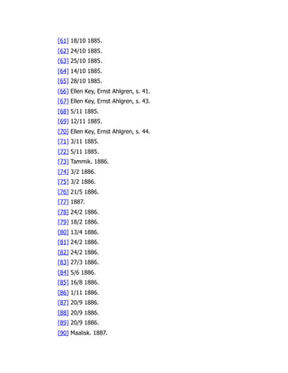 [61] 18/10 1885.
[62] 24/10 1885.
[63] 25/10 1885.
[64] 14/10 1885.
[65] 28/10 1885.
[66] Ellen Key, Ernst Ahlgren, s. 41.
[67] Ellen Key, Ernst Ahlgren, s. 43.
[68] 5/11 1885.
[69] 12/11 1885.
[70] Ellen Key, Ernst Ahlgren, s. 44.
[71] 3/11 1885.
[72] 5/11 1885.
[73] Tammik. 1886.
[74] 3/2 1886.
[75] 3/2 1886.
[76] 21/5 1886.
[77] 1887.
[78] 24/2 1886.
[79] 18/2 1886.
[80] 13/4 1886.
[81] 24/2 1886.
[82] 24/2 1886.
[83] 27/3 1886.
[84] 5/6 1886.
[85] 16/8 1886.
[86] 1/11 1886.
[87] 20/9 1886.
[88] 20/9 1886.
[89] 20/9 1886.
[90] Maalisk. 1887.
 