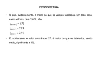ECONOMETRIA
‡ Já que a variância de Y dado X, ou seja, a variância de Y no modelo de
regressão, é a própria variância dos resíduos, que já calculamos na ANOVA é
igual a 55,39 e foi obtida por meio da expressão SQR/(n-2):
‡ O cálculo da estatística é, então:
‡ Como o valor calculado é superior aos tabelados, rejeitamos H0 de que .
‡ Dizemos então que é estatisticamente diferente de zero ou significante a 1%.
28,16
0764,0
244,1Ö
0764,000584,0
92,9474
39,55
Ö
Ö
2
Ö
!!
! !!
F
FF
F
S
SS
 