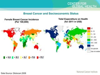 Data Source: Globocan 2008
Female Breast Cancer Incidence
(Per 100,000)
Total Expenditure on Health
(for 2011 in US$)
Breast Cancer and Socioeconomic Status
 