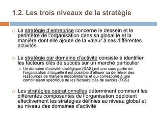 1.2. Les trois niveaux de la stratégie
 La stratégie d’entreprise concerne le dessein et le
périmètre de l’organisation dans sa globalité et la
manière dont elle ajoute de la valeur à ses différentes
activités
 La stratégie par domaine d’activité consiste à identifier
les facteurs clés de succès sur un marché particulier
 Un domaine d’activité stratégique (DAS) est une sous partie de
l’organisation à laquelle il est possible d’allouer ou de retirer des
ressources de manière indépendante et qui correspond à une
combinaison spécifique de les facteurs clés de succès (FCS)
 Les stratégies opérationnelles déterminent comment les
différentes composantes de l’organisation déploient
effectivement les stratégies définies au niveau global et
au niveau des domaines d’activité
 