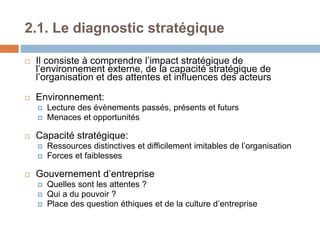 2.1. Le diagnostic stratégique
 Il consiste à comprendre l’impact stratégique de
l’environnement externe, de la capacité stratégique de
l’organisation et des attentes et influences des acteurs
 Environnement:
 Lecture des évènements passés, présents et futurs
 Menaces et opportunités
 Capacité stratégique:
 Ressources distinctives et difficilement imitables de l’organisation
 Forces et faiblesses
 Gouvernement d’entreprise
 Quelles sont les attentes ?
 Qui a du pouvoir ?
 Place des question éthiques et de la culture d’entreprise
 
