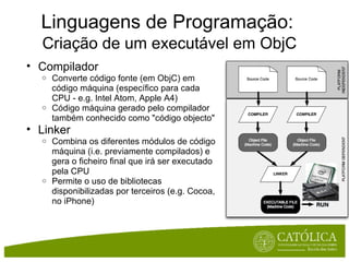 Linguagens de Programação:    Criação de um executável em ObjC   Compilador Converte código fonte (em ObjC) em código máquina (específico para cada CPU - e.g. Intel Atom, Apple A4) Código máquina gerado pelo compilador também conhecido como "código objecto" Linker Combina os diferentes módulos de código máquina (i.e. previamente compilados) e gera o ficheiro final que irá ser executado pela CPU  Permite o uso de bibliotecas disponibilizadas por terceiros (e.g. Cocoa, no iPhone) 