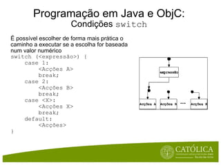 Programação em Java e ObjC: Condições  switch É possível escolher de forma mais prática o caminho a executar se a escolha for baseada num valor numérico switch (<expressão>) {     case 1:          <Acções A>         break;     case 2:         <Acções B>         break;     case <X>:         <Acções X>         break;      default:          <Acções> } 