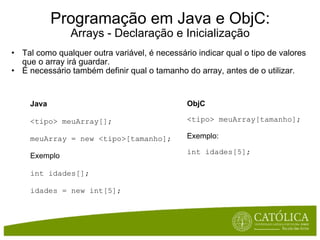 Tal como qualquer outra variável, é necessário indicar qual o tipo de valores que o array irá guardar.  É necessário também definir qual o tamanho do array, antes de o utilizar. Programação em Java e ObjC: Arrays - Declaração e Inicialização ObjC <tipo> meuArray[tamanho]; Exemplo: int idades[5]; Java <tipo> meuArray[]; meuArray = new <tipo>[tamanho]; Exemplo int idades[]; idades = new int[5]; 