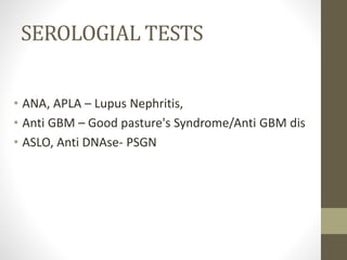SEROLOGIAL TESTS
• ANA, APLA – Lupus Nephritis,
• Anti GBM – Good pasture's Syndrome/Anti GBM dis
• ASLO, Anti DNAse- PSGN
 