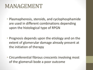 MANAGEMENT
• Plasmapheresis, steroids, and cyclophosphamide
are used in different combinations depending
upon the histological type of RPGN
• Prognosis depends upon the etiology and on the
extent of glomerular damage already present at
the initiation of therapy
• Circumferential fibrous crescents involving most
of the glomeruli bode a poor outcome
 