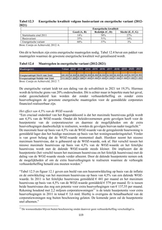 119	
	
Tabel 12.3 Energetische kwaliteit volgens basisvariant en energetische variant (2012-
2021)
Energetische kwaliteit
Goed (A, B) Redelijk (C, D) Slecht (E, F, G)
Startsituatie eind 2011 14% 58% 27%
Basisvariant 35% 51% 14%
Energetische variant 60% 37% 3%
Bron: Conijn en Achterveld, 2012: 6.
Om dit te bereiken zijn extra energetische maatregelen nodig. Tabel 12.4 bevat een pakket van
maatregelen waarmee de gewenste energetische kwaliteit wel gerealiseerd wordt.
Tabel 12.4 Maatregelen in energetische variant (2012-2021)
Bron: Conijn en Achterveld, 2012: 7.
De energetische variant leidt tot een daling van de solvabiliteit in 2021 tot 19,3%. Hiermee
wordt de kritische grens van 20% onderschreden. Dit is echter maar in beperkte mate het geval,
zodat geconcludeerd kan worden dat zonder verhuurderheffing en zonder extra
huurverhogingen de gewenste energetische maatregelen voor de gemiddelde corporaties
financieel realiseerbaar zijn.
Het effect van 4,5% van de WOZ-waarde
“Een cruciaal onderdeel van het Regeerakkoord is dat het maximale huurniveau gelijk wordt
aan 4,5% van de WOZ-waarde. Omdat dit beleidsvoornemen grote gevolgen heeft voor de
huurpotentie van de corporatiesector en daarmee de mogelijkheden om de extra
huurverhogingen daadwerkelijk te realiseren, worden de gevolgen hiervan nader toegelicht.”
De maximale huur op basis van 4,5% van de WOZ-waarde van de gereguleerde huurwoning is
gemiddeld lager dan het huidige maximum op basis van het woningwaarderingstelsel. Verder
is van groot belang dat de WOZ-waarde momenteel daalt. Hierdoor neemt het nieuwe
maximum huurniveau, dat is gebaseerd op de WOZ-waarde, ook af. Het verschil tussen het
nieuwe maximale huurniveau op basis van 4,5% van de WOZ-waarde en het feitelijke
huurniveau wordt met de dalende WOZ-waarde steeds kleiner. Dit impliceert dat de
huurpotentie (het verschil tussen het maximum huurniveau en het feitelijk huurniveau) met de
daling van de WOZ-waarde steeds verder afneemt. Door de dalende huurpotentie nemen ook
de mogelijkheden af om de extra huurverhogingen te realiseren waarmee de verhoogde
verhuurderheffing betaald zou moeten worden.”
“Tabel 12.5 en figuur 12.1 geven een beeld van een huurontwikkeling op basis van de inflatie
en de ontwikkeling van het maximum huurniveau op basis van 4,5% van een dalende WOZ-
waarde. In 2011 is het feitelijke huurniveau gemiddeld € 441 per maand en het maximum
huurniveau op basis van 4,5% van de WOZ-waarde gemiddeld € 579 per maand. Er is tussen
beide huurniveaus dus nog een potentie voor extra huurverhogingen van € 137,55 per maand.
Rekening houdend met 2,2 miljoen corporatiewoningen13
is de totale huurpotentie voor extra
huurverhogingen in 2011 in totaal € 3,6 mrd. Hierbij is overigens de betaalbaarheid van de
corporatiewoningen nog buiten beschouwing gelaten. De komende jaren zal de huurpotentie
snel afnemen.”
																																																													
13
De wooneenheden blijven buiten beschouwing omdat daarover geen verhuurderheffing verschuldigd is.
 