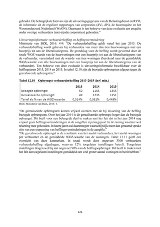 126	
	
gebruikt. De belangrijkste hiervan zijn de uitvoeringsgegevens van de Belastingdienst en RVO,
de informatie uit de reguliere rapportages van corporaties (dVi, dPi), de huurenquête en het
Woononderzoek Nederland (WoON). Daarnaast is ten behoeve van deze evaluatie een enquête
onder overige verhuurders (niet-zijnde corporaties) gehouden.”
Uitvoeringsinformatie verhuurderheffing en heffingsvermindering
Ministerie van BZK, 2016: 4-9: “De verhuurderheffing geldt vanaf het jaar 2013. De
verhuurderheffing wordt geheven bij verhuurders van meer dan tien huurwoningen met een
huurprijs tot aan de liberalisatiegrens. De grondslag voor de heffing wordt gevormd door de
totale WOZ-waarde van de huurwoningen met een huurprijs tot aan de liberalisatiegrens van
de verhuurder, verminderd met de waarde van tien woningen (berekend naar de gemiddelde
WOZ-waarde van alle huurwoningen met een huurprijs tot aan de liberalisatiegrens van de
verhuurder). Ten behoeve van deze evaluatie is uitvoeringsinformatie beschikbaar over de
heffingsjaren 2013, 2014 en 2015. In tabel 12.10 zijn de beoogde opbrengsten afgezet tegen de
gerealiseerde opbrengsten.”
Tabel 12.10 Opbrengst verhuurderheffing 2013-2015 (in € mln.)
Bron: Ministerie van BZK, 2016: 4.
“De gerealiseerde opbrengsten komen vrijwel overeen met de bij invoering van de heffing
beoogde opbrengsten. Over het jaar 2014 is de gerealiseerde opbrengst hoger dan de beoogde
opbrengst. Dit heeft voor een belangrijk deel te maken met het feit dat in het jaar 2014 nog
vrijwel geen heffingsverminderingen in de aangiften zijn toegepast. In de raming was hier wel
rekening mee gehouden. In latere jaren zal daarentegen waarschijnlijk meer dan geraamd sprake
zijn van een toepassing van heffingsverminderingen in de aangifte.”
“De gerealiseerde opbrengst is de resultante van het aantal verhuurders, het aantal woningen
per verhuurder en de gemiddelde WOZ-waarde van de woningen. Tabel 12.11 geeft een
overzicht van deze kenmerken. In totaal wordt door ongeveer 3300 verhuurders
verhuurderheffing afgedragen, waarvan 12% toegelaten instellingen betreft. Toegelaten
instellingen dragen wel bij aan ongeveer 90% van de heffingsopbrengst. Dit heeft te maken met
het feit dat toegelaten instellingen gemiddeld een veel groter aantal woningen in bezit hebben.”
 