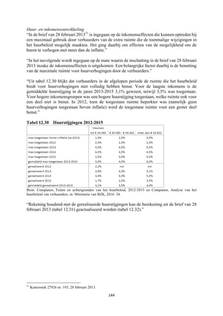 144	
	
Huur- en inkomensontwikkeling
“In de brief van 28 februari 201331
is ingegaan op de inkomenseffecten die kunnen optreden bij
een maximaal gebruik door verhuurders van de extra ruimte die de toenmalige wijzigingen in
het huurbeleid mogelijk maakten. Het ging daarbij om effecten van de mogelijkheid om de
huren te verhogen met meer dan de inflatie.”
“In het navolgende wordt ingegaan op de mate waarin de inschatting in de brief van 28 februari
2013 inzake de inkomenseffecten is uitgekomen. Een belangrijke factor daarbij is de benutting
van de maximale ruimte voor huurverhogingen door de verhuurders.”
“Uit tabel 12.30 blijkt dat verhuurders in de afgelopen periode de ruimte die het huurbeleid
biedt voor huurverhogingen niet volledig hebben benut. Voor de laagste inkomens is de
gemiddelde huurstijging in de jaren 2013-2015 3,1% geweest, terwijl 3,5% was toegestaan.
Voor hogere inkomensgroepen was een hogere huurstijging toegestaan, welke ruimte ook voor
een deel niet is benut. In 2012, toen de toegestane ruimte beperkter was (namelijk geen
huurverhogingen toegestaan boven inflatie) werd de toegestane ruimte voor een groter deel
benut.”
Tabel 12.30 Huurstijgingen 2012-2015
Bron: Companen, Feiten en achtergronden van het huurbeleid, 2012-2013 en Companen, Analyse van het
huurbeleid van verhuurders, in: Ministerie van BZK, 2016: 34.
“Rekening houdend met de gerealiseerde huurstijgingen kan de berekening uit de brief van 28
februari 2013 (tabel 12.31) geactualiseerd worden (tabel 12.32).”
																																																													
31
Kamerstuk 27926 nr. 193, 28 februari 2013.
 