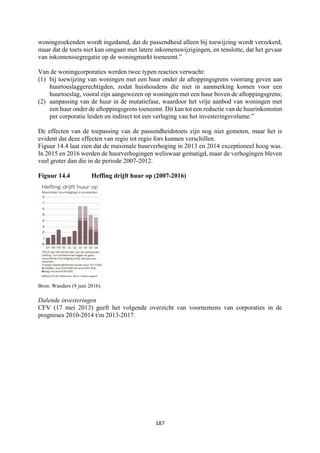 187	
	
woningzoekenden wordt ingedamd, dat de passendheid alleen bij toewijzing wordt verzekerd,
maar dat de toets niet kan omgaan met latere inkomenswijzigingen, en tenslotte, dat het gevaar
van inkomenssegregatie op de woningmarkt toeneemt.”
Van de woningcorporaties werden twee typen reacties verwacht:
(1) bij toewijzing van woningen met een huur onder de aftoppingsgrens voorrang geven aan
huurtoeslaggerechtigden, zodat huishoudens die niet in aanmerking komen voor een
huurtoeslag, vooral zijn aangewezen op woningen met een huur boven de aftoppingsgrens;
(2) aanpassing van de huur in de mutatiefase, waardoor het vrije aanbod van woningen met
een huur onder de aftoppingsgrens toeneemt. Dit kan tot een reductie van de huurinkomsten
per corporatie leiden en indirect tot een verlaging van het investeringsvolume.”
De effecten van de toepassing van de passendheidstoets zijn nog niet gemeten, maar het is
evident dat deze effecten van regio tot regio fors kunnen verschillen.
Figuur 14.4 laat zien dat de maximale huurverhoging in 2013 en 2014 exceptioneel hoog was.
In 2015 en 2016 werden de huurverhogingen weliswaar gematigd, maar de verhogingen bleven
veel groter dan die in de periode 2007-2012.
Figuur 14.4 Heffing drijft huur op (2007-2016)
Bron: Wanders (9 juni 2016).
Dalende investeringen
CFV (17 mei 2013) geeft het volgende overzicht van voornemens van corporaties in de
prognoses 2010-2014 t/m 2013-2017.
 