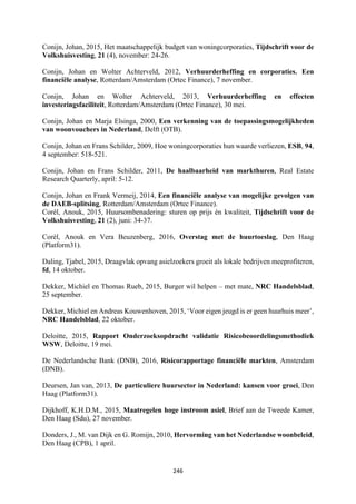 246	
	
Conijn, Johan, 2015, Het maatschappelijk budget van woningcorporaties, Tijdschrift voor de
Volkshuisvesting, 21 (4), november: 24-26.
Conijn, Johan en Wolter Achterveld, 2012, Verhuurderheffing en corporaties. Een
financiële analyse, Rotterdam/Amsterdam (Ortec Finance), 7 november.
Conijn, Johan en Wolter Achterveld, 2013, Verhuurderheffing en effecten
investeringsfaciliteit, Rotterdam/Amsterdam (Ortec Finance), 30 mei.
Conijn, Johan en Marja Elsinga, 2000, Een verkenning van de toepassingsmogelijkheden
van woonvouchers in Nederland, Delft (OTB).
Conijn, Johan en Frans Schilder, 2009, Hoe woningcorporaties hun waarde verliezen, ESB, 94,
4 september: 518-521.
Conijn, Johan en Frans Schilder, 2011, De haalbaarheid van markthuren, Real Estate
Research Quarterly, april: 5-12.
Conijn, Johan en Frank Vermeij, 2014, Een financiële analyse van mogelijke gevolgen van
de DAEB-splitsing, Rotterdam/Amsterdam (Ortec Finance).
Corèl, Anouk, 2015, Huursombenadering: sturen op prijs èn kwaliteit, Tijdschrift voor de
Volkshuisvesting, 21 (2), juni: 34-37.
Corèl, Anouk en Vera Beuzenberg, 2016, Overstag met de huurtoeslag, Den Haag
(Platform31).
Daling, Tjabel, 2015, Draagvlak opvang asielzoekers groeit als lokale bedrijven meeprofiteren,
fd, 14 oktober.
Dekker, Michiel en Thomas Rueb, 2015, Burger wil helpen – met mate, NRC Handelsblad,
25 september.
Dekker, Michiel en Andreas Kouwenhoven, 2015, ‘Voor eigen jeugd is er geen huurhuis meer’,
NRC Handelsblad, 22 oktober.
Deloitte, 2015, Rapport Onderzoeksopdracht validatie Risicobeoordelingsmethodiek
WSW, Deloitte, 19 mei.
De Nederlandsche Bank (DNB), 2016, Risicorapportage financiële markten, Amsterdam
(DNB).
Deursen, Jan van, 2013, De particuliere huursector in Nederland: kansen voor groei, Den
Haag (Platform31).
Dijkhoff, K.H.D.M., 2015, Maatregelen hoge instroom asiel, Brief aan de Tweede Kamer,
Den Haag (Sdu), 27 november.
Donders, J., M. van Dijk en G. Romijn, 2010, Hervorming van het Nederlandse woonbeleid,
Den Haag (CPB), 1 april.
 