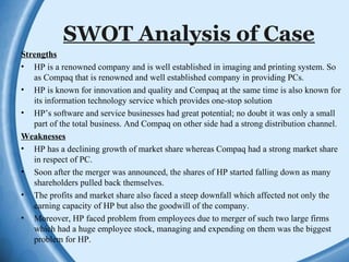 SWOT Analysis of Case
Strengths
• HP is a renowned company and is well established in imaging and printing system. So
as Compaq that is renowned and well established company in providing PCs.
• HP is known for innovation and quality and Compaq at the same time is also known for
its information technology service which provides one-stop solution
• HP’s software and service businesses had great potential; no doubt it was only a small
part of the total business. And Compaq on other side had a strong distribution channel.
Weaknesses
• HP has a declining growth of market share whereas Compaq had a strong market share
in respect of PC.
• Soon after the merger was announced, the shares of HP started falling down as many
shareholders pulled back themselves.
• The profits and market share also faced a steep downfall which affected not only the
earning capacity of HP but also the goodwill of the company.
• Moreover, HP faced problem from employees due to merger of such two large firms
which had a huge employee stock, managing and expending on them was the biggest
problem for HP.
 