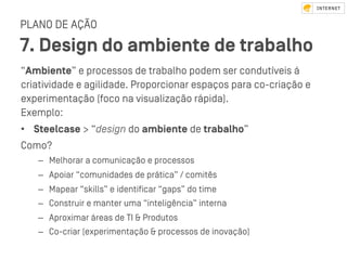 PLANO DE AÇÃO
7. Design do ambiente de trabalho
“Ambiente” e processos de trabalho podem ser condutíveis á
criatividade e agilidade. Proporcionar espaços para co-criação e
experimentação (foco na visualização rápida).
Exemplo:
•  Steelcase > “design do ambiente de trabalho”
Como?
–  Melhorar a comunicação e processos
–  Apoiar “comunidades de prática” / comitês
–  Mapear “skills” e identiﬁcar “gaps” do time
–  Conﬆruir e manter uma “inteligência” interna
–  Aproximar áreas de TI & Produtos
–  Co-criar (experimentação & processos de inovação)
 