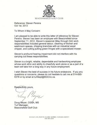 Reference Letter - Beaconsfield Golf Club (Doug Meyer)
