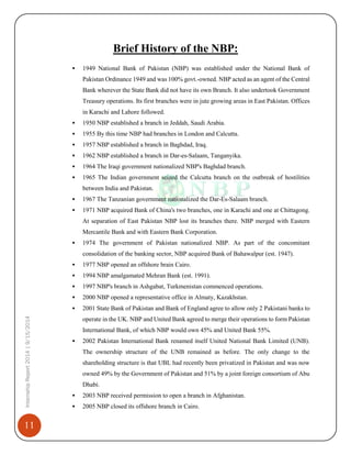 11
InternshipReport2014|9/15/2014
Brief History of the NBP:
 1949 National Bank of Pakistan (NBP) was established under the National Bank of
Pakistan Ordinance 1949 and was 100% govt.-owned. NBP acted as an agent of the Central
Bank wherever the State Bank did not have its own Branch. It also undertook Government
Treasury operations. Its first branches were in jute growing areas in East Pakistan. Offices
in Karachi and Lahore followed.
 1950 NBP established a branch in Jeddah, Saudi Arabia.
 1955 By this time NBP had branches in London and Calcutta.
 1957 NBP established a branch in Baghdad, Iraq.
 1962 NBP established a branch in Dar-es-Salaam, Tanganyika.
 1964 The Iraqi government nationalized NBP's Baghdad branch.
 1965 The Indian government seized the Calcutta branch on the outbreak of hostilities
between India and Pakistan.
 1967 The Tanzanian government nationalized the Dar-Es-Salaam branch.
 1971 NBP acquired Bank of China's two branches, one in Karachi and one at Chittagong.
At separation of East Pakistan NBP lost its branches there. NBP merged with Eastern
Mercantile Bank and with Eastern Bank Corporation.
 1974 The government of Pakistan nationalized NBP. As part of the concomitant
consolidation of the banking sector, NBP acquired Bank of Bahawalpur (est. 1947).
 1977 NBP opened an offshore brain Cairo.
 1994 NBP amalgamated Mehran Bank (est. 1991).
 1997 NBP's branch in Ashgabat, Turkmenistan commenced operations.
 2000 NBP opened a representative office in Almaty, Kazakhstan.
 2001 State Bank of Pakistan and Bank of England agree to allow only 2 Pakistani banks to
operate in the UK. NBP and United Bank agreed to merge their operations to form Pakistan
International Bank, of which NBP would own 45% and United Bank 55%.
 2002 Pakistan International Bank renamed itself United National Bank Limited (UNB).
The ownership structure of the UNB remained as before. The only change to the
shareholding structure is that UBL had recently been privatized in Pakistan and was now
owned 49% by the Government of Pakistan and 51% by a joint foreign consortium of Abu
Dhabi.
 2003 NBP received permission to open a branch in Afghanistan.
 2005 NBP closed its offshore branch in Cairo.
 