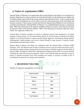 18
InternshipReport2014|9/15/2014
c) Nature of organization (NBP):
National Bank of Pakistan is an organization that accepts deposits and repays to its customers on
demand. Bank borrows money at lesser rate of profit and lends it to the borrowers at a higher rate
of markup. Bank cannot lend all the money that has been deposited with it. It has to keep certain
amount of the total deposits in cash in order to meet the cash requirements of the individuals and
business concerns. It has to keep a certain ratio between liquidity & profitability to run its business
smoothly and efficiently. National Bank of Pakistan is an established bank and also a commercial
bank. NBP make financing on the projects including technical assistance, term finance and short
& long term loans to the business industry. NBP is also financing on seasonal crops like cotton,
wheat, rice, sugarcane, tobacco etc.
National Bank of Pakistan maintains its position as Pakistan's premier bank determined to set higher
standards of achievements. It is the major business partner for the Government of Pakistan with special
emphasis on fostering Pakistan's economic growth through aggressive and balanced lending policies,
technologically oriented products and services offered through its large network of branches locally,
internationally and representative offices.
National Bank of Pakistan (the Bank) was established under the National Bank of Pakistan (NBP)
Ordinance, 1949. The Bank provides all types of banking services to the government and private sectors.
The Bank also handles treasury transactions for the Government of Pakistan as agent to the State Bank of
Pakistan (SBP). The Bank has 1404 (1999: 1408) branches in Pakistan and 24 (1999: 23) overseas branches
(including the Export Processing Zone Branch). Under a Trust Deed the Bank also provides services as
trustee to National Investment Trust (NIT) including safe custody of securities on behalf of NIT in
consideration for annual service charges and commission.
 BUSINESS VOLUME:
Number of employees (designation vise break up)
DESIGNATIONS NO.OF EMPLOYEES
Executives 800
Officers 6940
Clerical 4840
Non-clerical 2850
Others 1460
Total Employees 16,890
 
