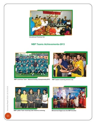 51
InternshipReport2014|9/15/2014
NBP Teams Achievements-2013
Vocational Training for
NBP Captain receiving winners cupNBP victorious Team - National Hockey Championship-2013
Mohammad Sajjad won the NBP SnookerNBP Ladies Team receiving Cash Award on winning
 