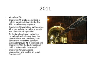 2011
• Woodland CA
• Employee #2, a laborer, noticed a
hole in a material chute in the No.
196 tunnel conveyor system.
• Employee #1 was joined by Employee
#2 in the reclaim tunnel to schedule
and plan a repair operation.
• As the two Employees exited the
tunnel and walked away from the
overhead No. 196 Conveyor, a 10
pound rock fell off the conveyor
striking Employee #1 in the head and
Employee #2 in the back, knocking
both employees to the ground.
• Employee #1 was knocked
unconscious and landed on top of
Employee #2.
 