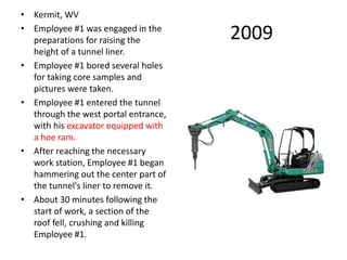 2009
• Kermit, WV
• Employee #1 was engaged in the
preparations for raising the
height of a tunnel liner.
• Employee #1 bored several holes
for taking core samples and
pictures were taken.
• Employee #1 entered the tunnel
through the west portal entrance,
with his excavator equipped with
a hoe ram.
• After reaching the necessary
work station, Employee #1 began
hammering out the center part of
the tunnel's liner to remove it.
• About 30 minutes following the
start of work, a section of the
roof fell, crushing and killing
Employee #1.
 