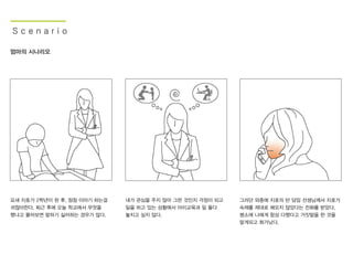 S c e n a r i o
요새 지호가 2학년이 된 후, 점점 이야기 하는걸
귀찮아한다. 퇴근 후에 오늘 학교에서 무엇을
했냐고 물어보면 말하기 싫어하는 경우가 많다.
내가 관심을 주지 않아 그런 것인지 걱정이 되고
일을 하고 있는 상황에서 아이교육과 일 둘다
놓치고 싶지 않다.
그러던 와중에 지호의 반 담임 선생님께서 지호가
숙제를 제대로 해오지 않았다는 전화를 받았다.
평소에 나에게 항상 다했다고 거짓말을 한 것을
알게되고 화가났다.
엄마의 시나리오
 