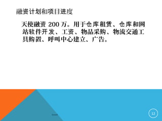 融 和 目 度资计划 项 进
天使融资 200 万。用于 租 、 和网仓库 赁 仓库
站 件 、工 、物品采 、物流交通工软 开发 资 购
具 置、呼叫中心建立、广告。购
Sowell 12
 