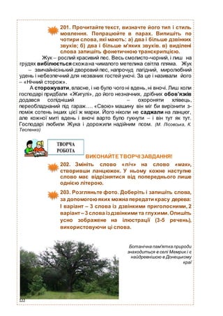 201. Прочитайте текст, визначте його тип і стиль
мовлення. Попрацюйте в парах. Випишіть по
чотири слова, які мають: а) два і більше дзвінких
звуків; б) два і більше м'яких звуків. в) виділені
слова запишіть фонетичною транскрипцією.
Жук – рослий красивий пес. Весь смолисто-чорний, і лиш на
грудях вибілюється схожана чималого метелика світла пляма. Жук
– звичайнісінький дворовий пес, напрочуд лагідний, миролюбний
удень і небезпечний для незваних гостей уночі. За це і називали його
– «Нічний сторож».
А сторожувати,власне, і не було чого ні вдень,ні вночі. Лиш коли
господарі придбали «Жигулі», до його незначних, дрібних обов’язків
додався солідніший – охороняти хлівець,
переобладнаний під гараж…. «Свою» машину він міг би вирізнити з-
поміж сотень інших цієї ж марки. Його ніколи не саджали на ланцюг,
але кожної миті вдень і вночі варто було гукнути – і він тут як тут.
Господарі любили Жука і дорожили надійним псом. (М. Лісовська, К.
Тесленко)
ВИКОНАЙТЕ ТВОРЧІ ЗАВДАННЯ!
202. Змініть слово «піч» на слово «мак»,
створивши ланцюжок. У ньому кожне наступне
слово має відрізнятися від попереднього лише
однією літерою.
203. Розгляньте фото. Доберіть і запишіть слова,
за допомогоюяких можна передати красу дерева:
І варіант – 3 слова із дзвінкими приголосними, 2
варіант– 3 слова іздзвінкими та глухими.Опишіть
усно зображене на ілюстрації (3-5 речень),
використовуючи ці слова.
Ботанічна пам'ятка природи
знаходиться в селі Мемрик і є
найдревнішою в Донецькому
краї
122
 