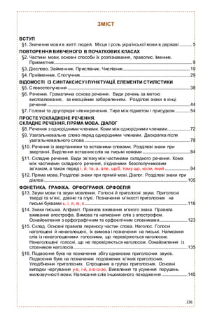 ЗМІСТ
ВСТУП
§1. Значення мови в житті людей. Місце і роль української мови в державі ........... 5
ПОВТОРЕННЯ ВИВЧЕНОГО В ПОЧАТКОВИХ КЛАСАХ
§2. Частини мови, основні способи їх розпізнавання, правопис. Іменник.
Прикметник.......................................................................................................................... 9
§3. Дієслово. Займенник. Прислівник. Числівник...........................................................19
§4. Прийменник. Сполучник.................................................................................................29
ВІДОМОСТІ ІЗ СИНТАКСИСУ І ПУНКТУАЦІЇ. ЕЛЕМЕНТИ СТИЛІСТИКИ
§5. Словосполучення ............................................................................................................38
§6. Речення. Граматична основа речення. Види речень за метою
висловлювання, за емоційним забарвленням. Розділові знаки в кінці
речення ..............................................................................................................................44
§7. Головні та другорядні члени речення. Тире між підметом і присудком.............54
ПРОСТЕ УСКЛАДНЕНЕ РЕЧЕННЯ.
СКЛАДНЕ РЕЧЕННЯ. ПРЯМА МОВА. ДІАЛОГ
§8. Речення з однорідними членами. Коми між однорідними членами....................72
§9. Узагальнювальне слово перед однорідними членами. Двокрапка після
узагальнювального слова .............................................................................................78
§10. Речення із звертаннями та вставними словами. Розділові знаки при
звертанні. Виділення вставних слів на письмі комами..........................................84
§11. Складне речення. Види зв’язку між частинами складного речення. Кома
між частинами складного речення, з’єднаними безсполучниковим
зв’язком, а також перед і, й, та, а, але, щоб, тому що, коли, який ......................94
§12. Пряма мова. Розділові знаки при прямій мові. Діалог. Розділові знаки при
діалозі ...............................................................................................................................105
ФОНЕТИКА. ГРАФІКА. ОРФОГРАФІЯ. ОРФОЕПІЯ
§13. Звуки мови та звуки мовлення. Голосні й приголосні звуки. Приголосні
тверді та м’які, дзвінкі та глухі. Позначення м’якості приголосних на
письмі буквами ь, і, я, ю, є...........................................................................................116
§14. Знаки письма. Алфавіт. Правила вживання м’якого знака. Правила
вживання апострофа. Вимова та написання слів з апострофом.
Ознайомлення з орфографічним та орфоепічним словниками.........................123
§15. Склад. Основні правила переносу частин слова. Наголос. Голосні
наголошені й ненаголошені, їх вимова і позначення на письмі. Написання
слів із ненаголошеними голосними, що перевіряються наголосом.
Ненаголошені голосні, що не перевіряються наголосом. Ознайомлення із
словником наголосів.....................................................................................................135
§16. Подвоєння букв на позначення збігу однакових приголосних звуків.
Подвоєння букв на позначення подовжених м’яких приголосних.
Уподібнення приголосних. Спрощення в групах приголосних. Основні
випадки чергування у-в, і-й, з-зі-із-зо. Виявлення та усунення порушень
милозвучності мови. Написання слів іншомовного походження .......................145
236
 