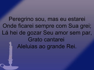 Peregrino sou, mas eu estarei
Onde ficarei sempre com Sua grei;
Lá hei de gozar Seu amor sem par,
Grato cantarei
Aleluias ao grande Rei.
 